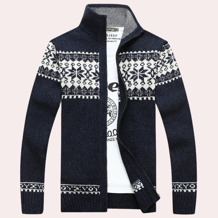 Heren Fair Isle cardigan met rits in klassiek patroon, warm wintervest voor stijlvolle herenmode.