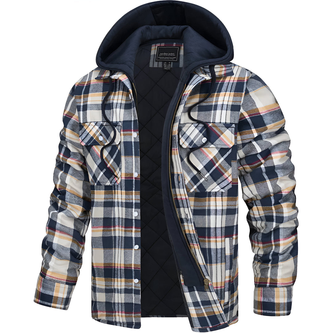 Warme geruite herenjas met capuchon. Comfortabele bovenkleding voor casual draagmomenten. Kleurrijk patroon.