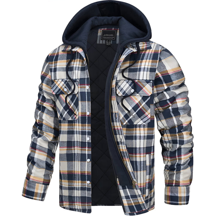 Warme geruite herenjas met capuchon. Comfortabele bovenkleding voor casual draagmomenten. Kleurrijk patroon.