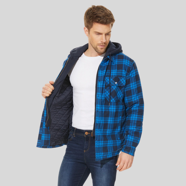 Comfortabele geruite herenjas met capuchon, perfecte bovenkleding voor winter en herfst. Modieus design.