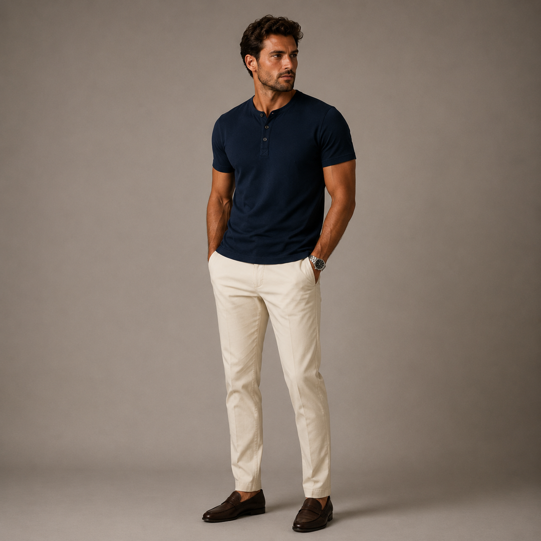 Beige heren Henley T-shirt korte mouw, comfortabele relaxed fit met stijlvolle knoopsluiting.