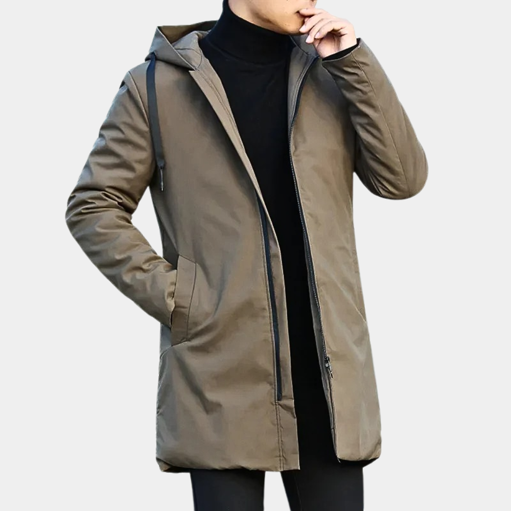 Trendy heren longline capuchonjas. Een warme ritsjas, perfecte casual bovenkleding voor elke man.