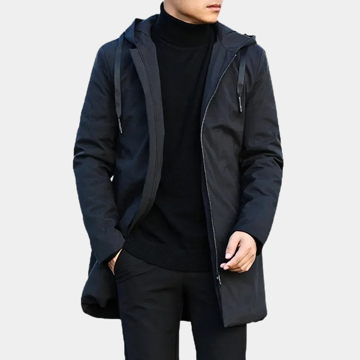 Warme heren ritsjas met capuchon, longline design. Stijlvolle en comfortabele casual jas voor heren.