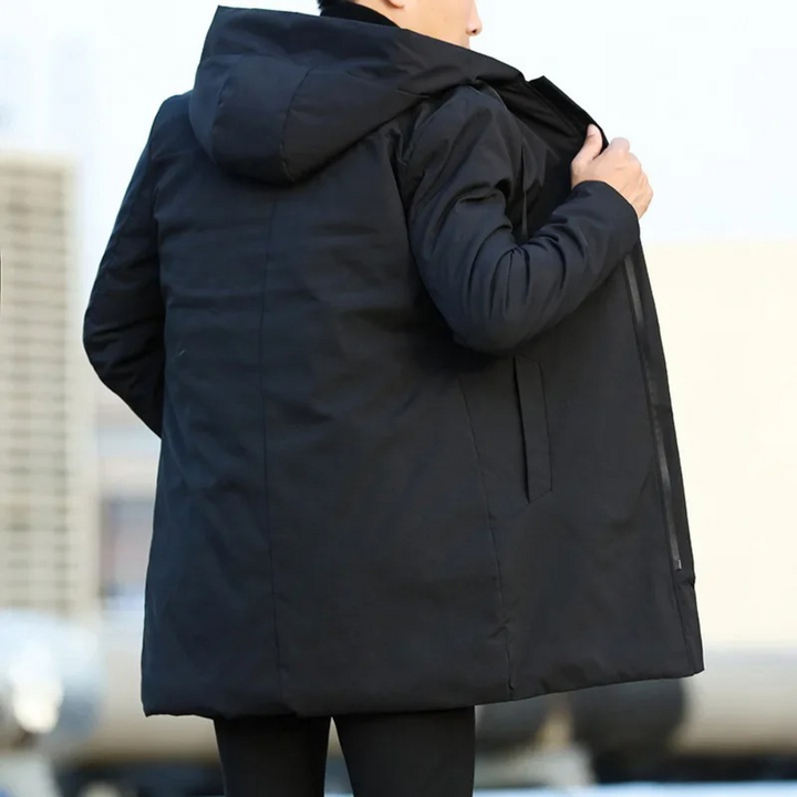 Comfortabele heren capuchonjas met rits, longline model. Perfect als warme en stijlvolle bovenkleding.