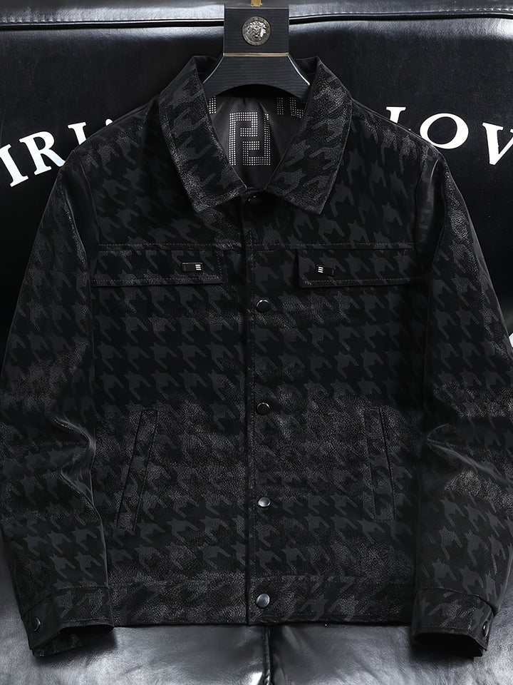 Modern heren pied-de-poule jas, warm truckerjack, onmisbare bovenkleding voor de winter. Stijlvolle mannenmode.