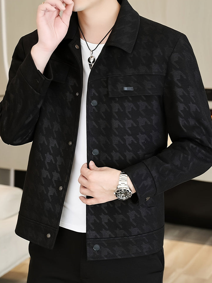 Textuur van warme pied-de-poule jas, comfortabel heren truckerjack voor herfst/winter. Stijlvolle bovenkleding.