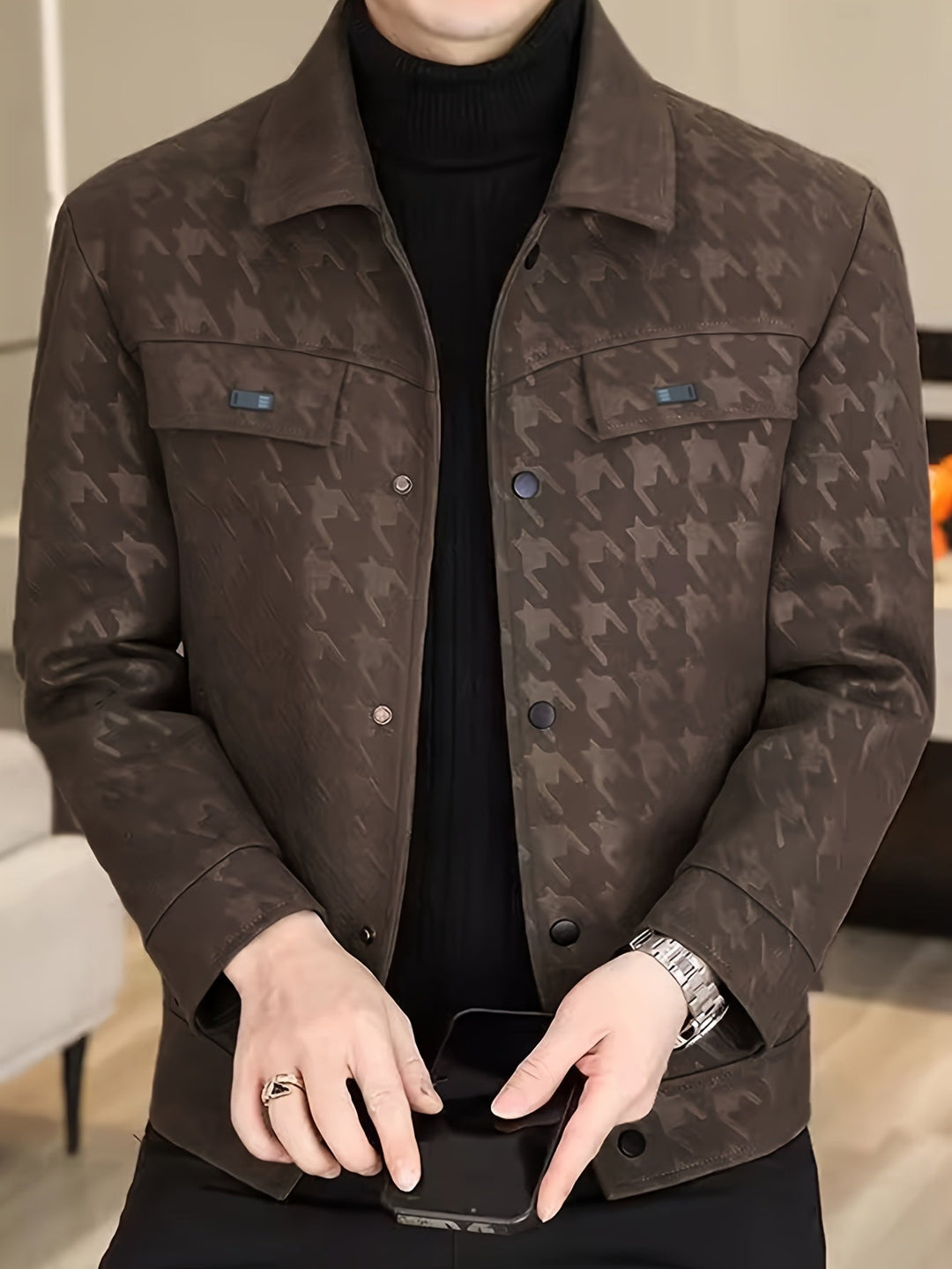 Heren pied-de-poule truckerjack, stijlvol en warm. Ideale herfst/winter jas voor moderne mannen.