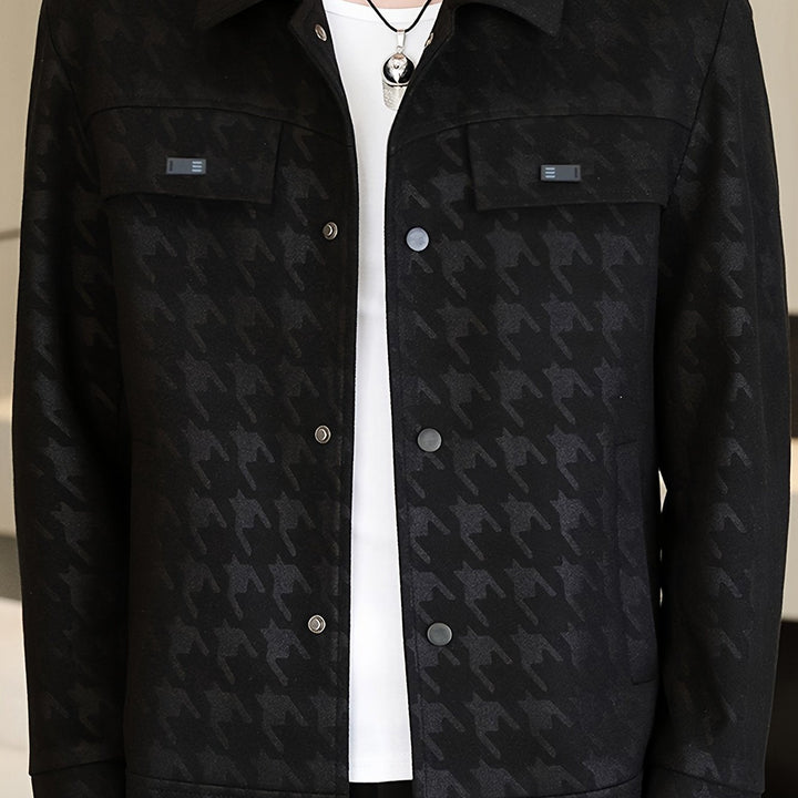 Heren truckerjack met lange mouwen, warm pied-de-poule patroon. Perfecte winterjas voor stijlvolle mannen.