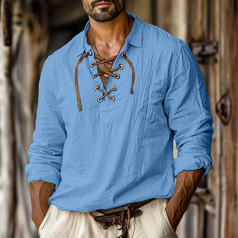Comfortabel heren shirt met lange mouwen en vetersluiting, een must-have voor een stijlvolle en moderne casual garderobe.