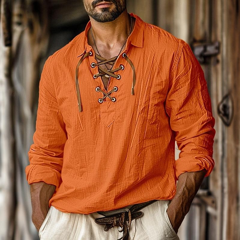 Heren casual shirt met lange mouwen en stijlvolle vetersluiting, ideaal voor een comfortabele en moderne look.