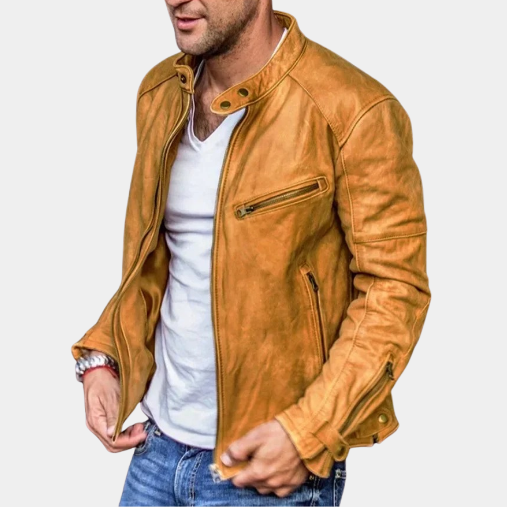 "Heren leren jack zwart, weerbestendig en stijlvol, tijdloze elegantie, met handige zakken en waterafstotende coating."