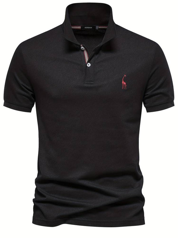 Comfortabele herenpolo met uniek giraf borduursel, ideaal voor een modieuze en casual zomeroutfit.