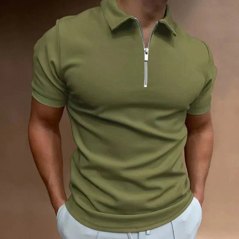 Veelzijdige heren polo met korte mouw en halve rits. Comfortabele slim fit, perfect voor smart casual gelegenheden.