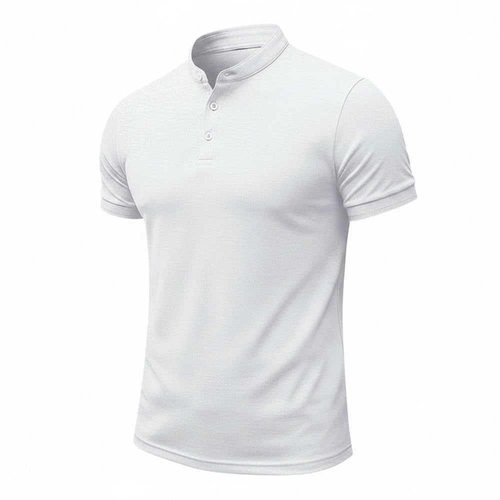 Donkergroene heren polo met korte mouw, staande kraag en knoopsluiting, ideaal voor smart casual look.
