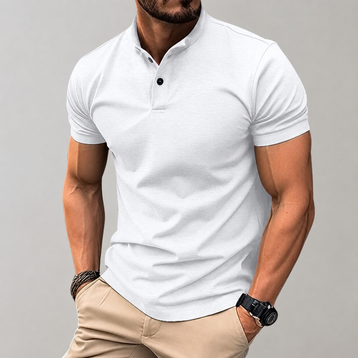 Stijlvolle slim fit heren polo met staande kraag. Korte mouw, knoopsluiting. Comfortabel voor een moderne smart casual look.