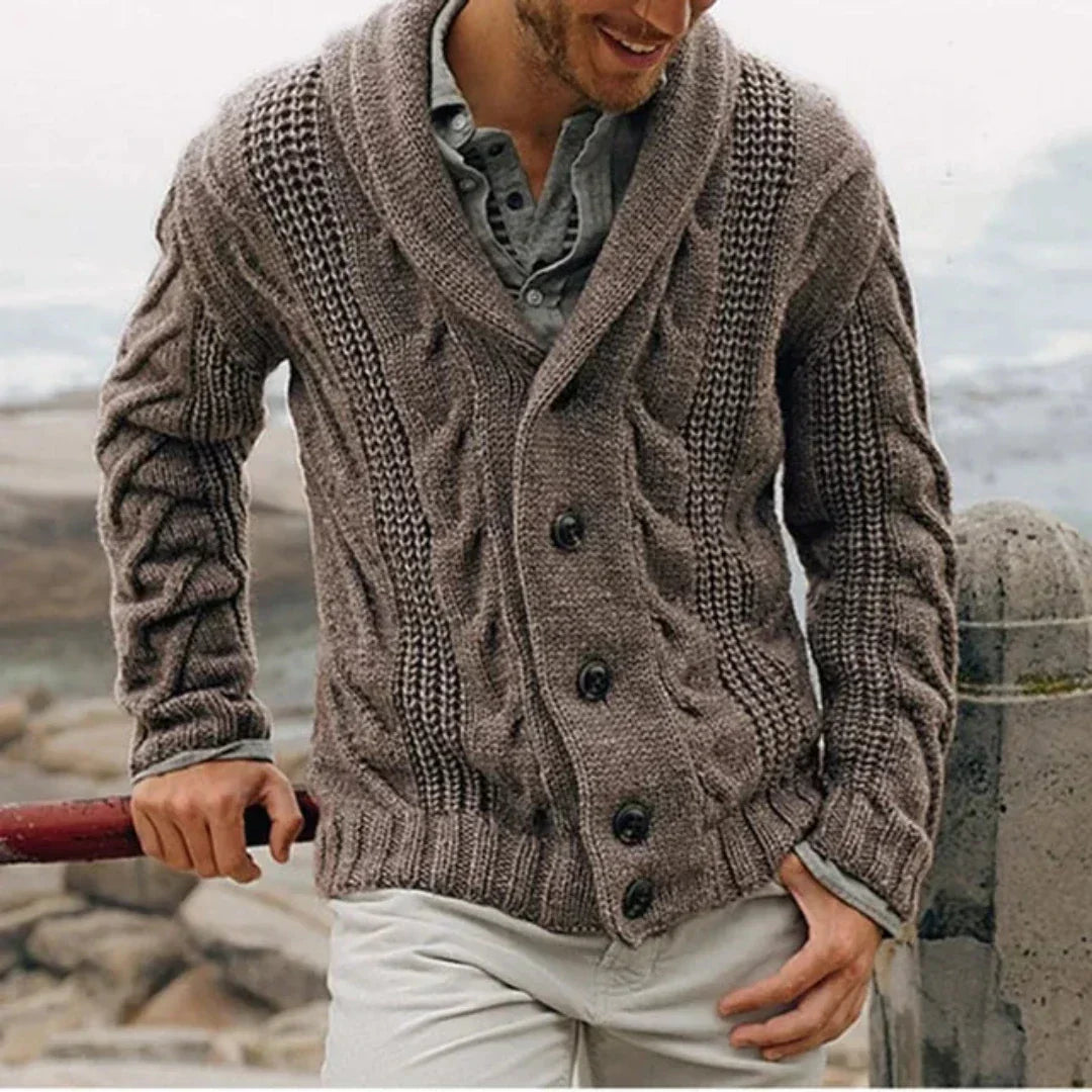 Stijlvol heren cardigan met shawlkraag, veelzijdig voor zowel casual als formele lagen.
