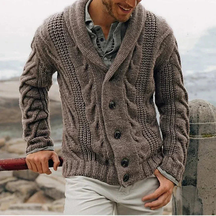 Stijlvol heren cardigan met shawlkraag, veelzijdig voor zowel casual als formele lagen.