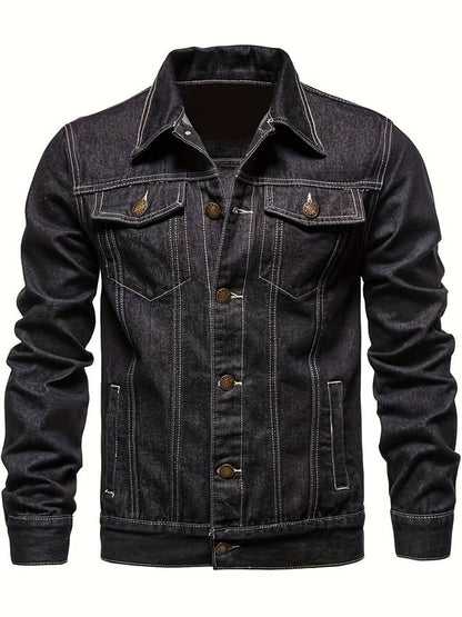 "Heren slim fit denim spijkerjack met borstzakken en knoopsluiting, te zien in donkerblauw. Stijlvol en veelzijdig ontwerp."