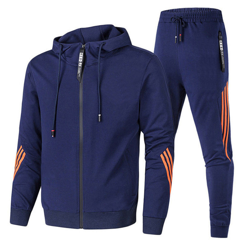 "Heren sportief trainingspak, lichtgewicht, strak design, ademend materiaal. Verkrijgbaar in grijs, marine, zwart."