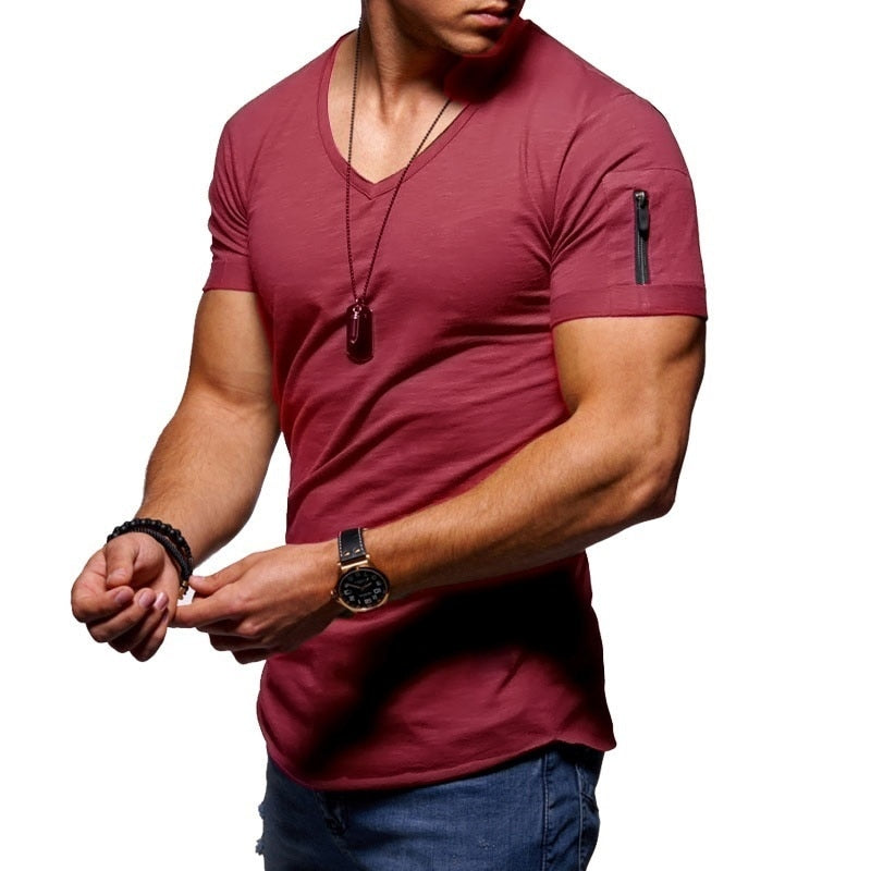 Stijlvol heren T-shirt met V-hals en ritsdetail. Korte mouw, slim fit, ideaal voor casual looks.
