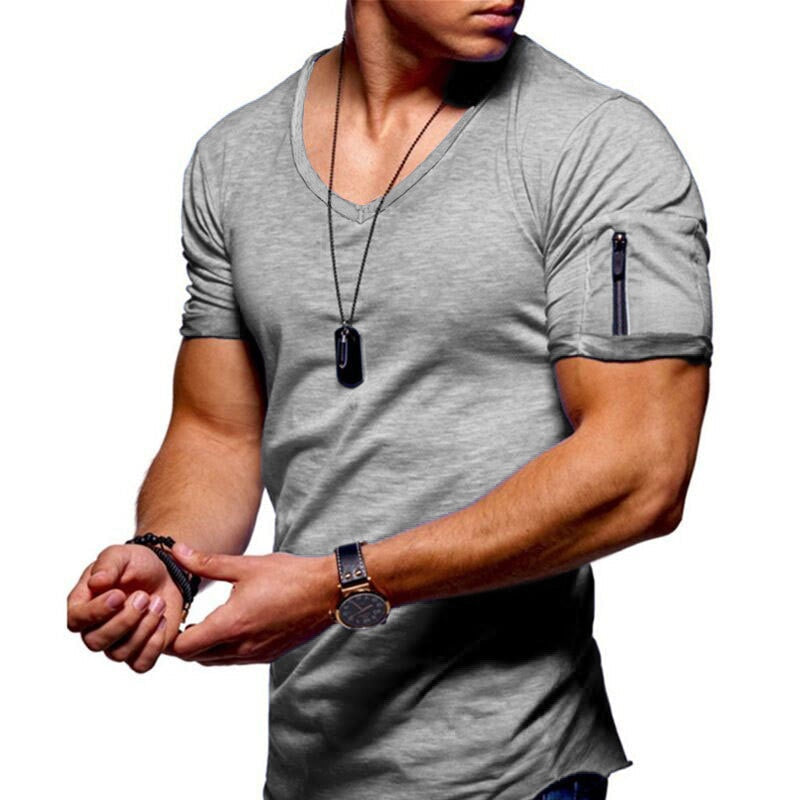 Comfortabel heren T-shirt korte mouw, V-hals, slim fit met uniek ritsdetail. Perfect voor dagelijkse kleding.