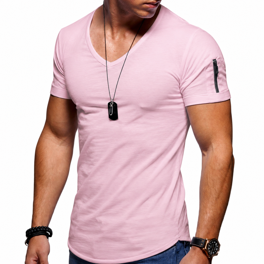 Modern heren T-shirt slim fit, korte mouw, V-hals met ritsdetail. Ideaal basisshirt voor de man.