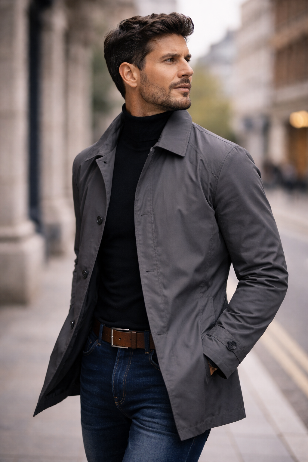 Man draagt een elegante heren trenchcoat, geschikt voor zakelijke of casual outfits.