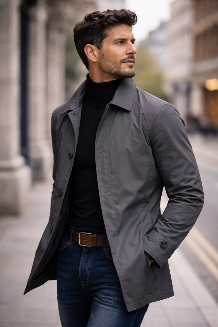 Man draagt een elegante heren trenchcoat, geschikt voor zakelijke of casual outfits.