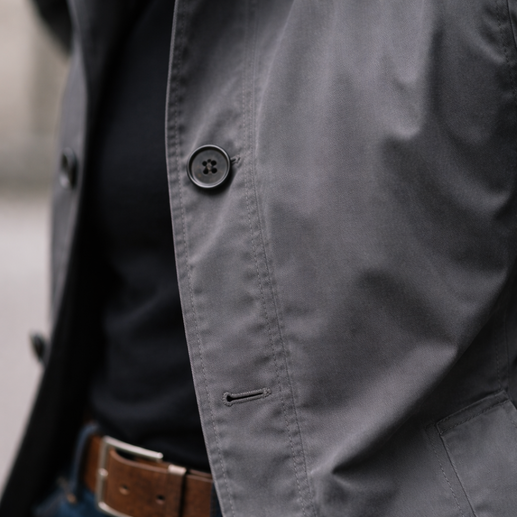 Gedetailleerd shot van de reverskraag en knoopsluiting van deze klassieke heren trenchcoat.
