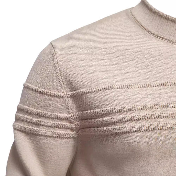 Beige heren trui met ronde hals, casual en stijlvol. Een must-have voor moderne heren mode in de lente.