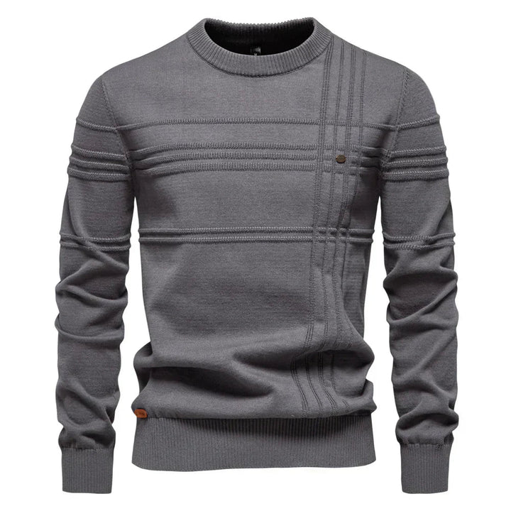 Blauwe heren trui, ronde hals. Comfortabele winter mode voor mannen. Veelzijdig en gemakkelijk te combineren.