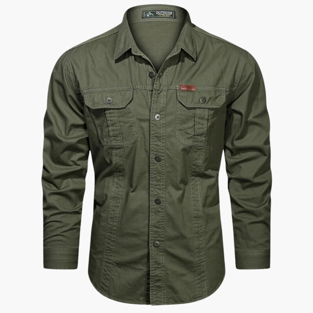 Heren utility overhemd met lange mouwen, functioneel button-down design voor casual herenkleding.
