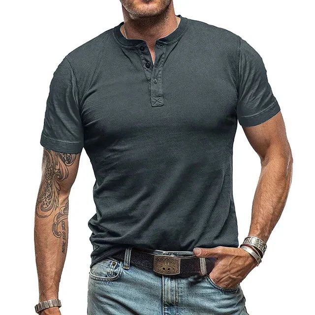 Zomers heren T-shirt met Henley hals en korte mouwen, comfortabele en trendy herenkleding.