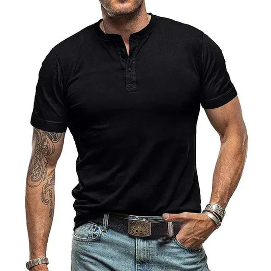 Heren zomer Henley T-shirt, korte mouwen, ademend; verkrijgbaar in zwart, beige, blauwgrijs en donkergrijs.