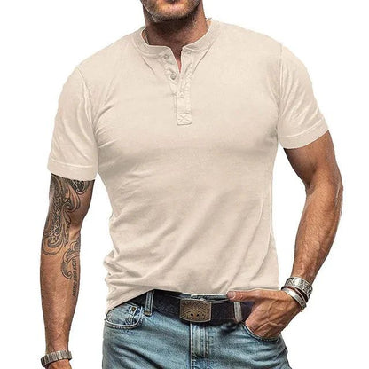 Heren zomer Henley T-shirt, korte mouwen, ademend; verkrijgbaar in zwart, beige, blauwgrijs en donkergrijs.