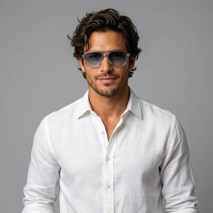 Modieuze heren zonnebril, aviator-stijl, transparant acetaat montuur voor een heldere look.