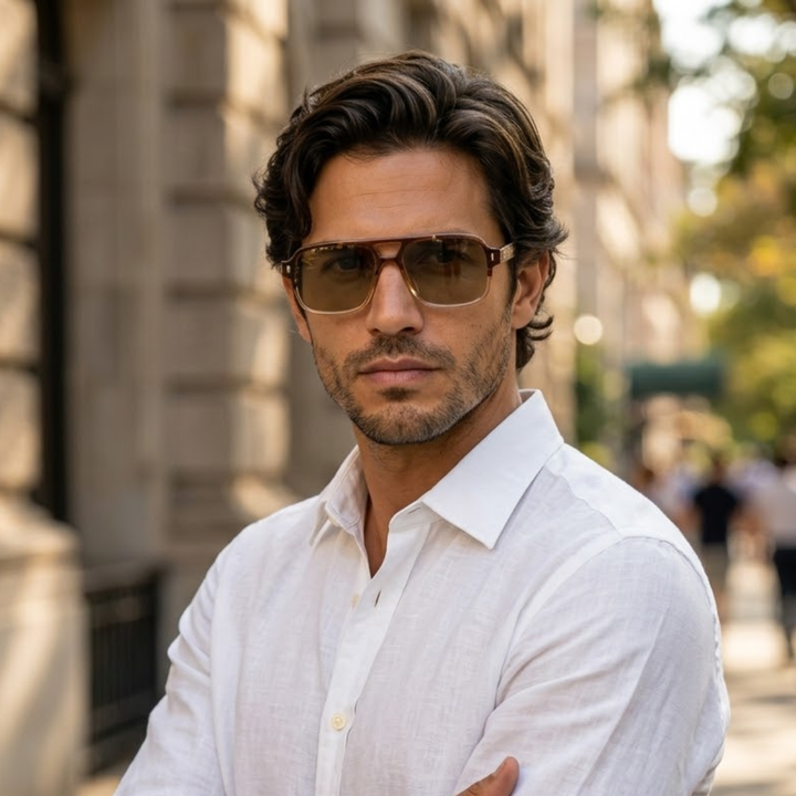 Zijaanzicht van heren aviator zonnebril met transparant design, mode-accessoire, retro look.