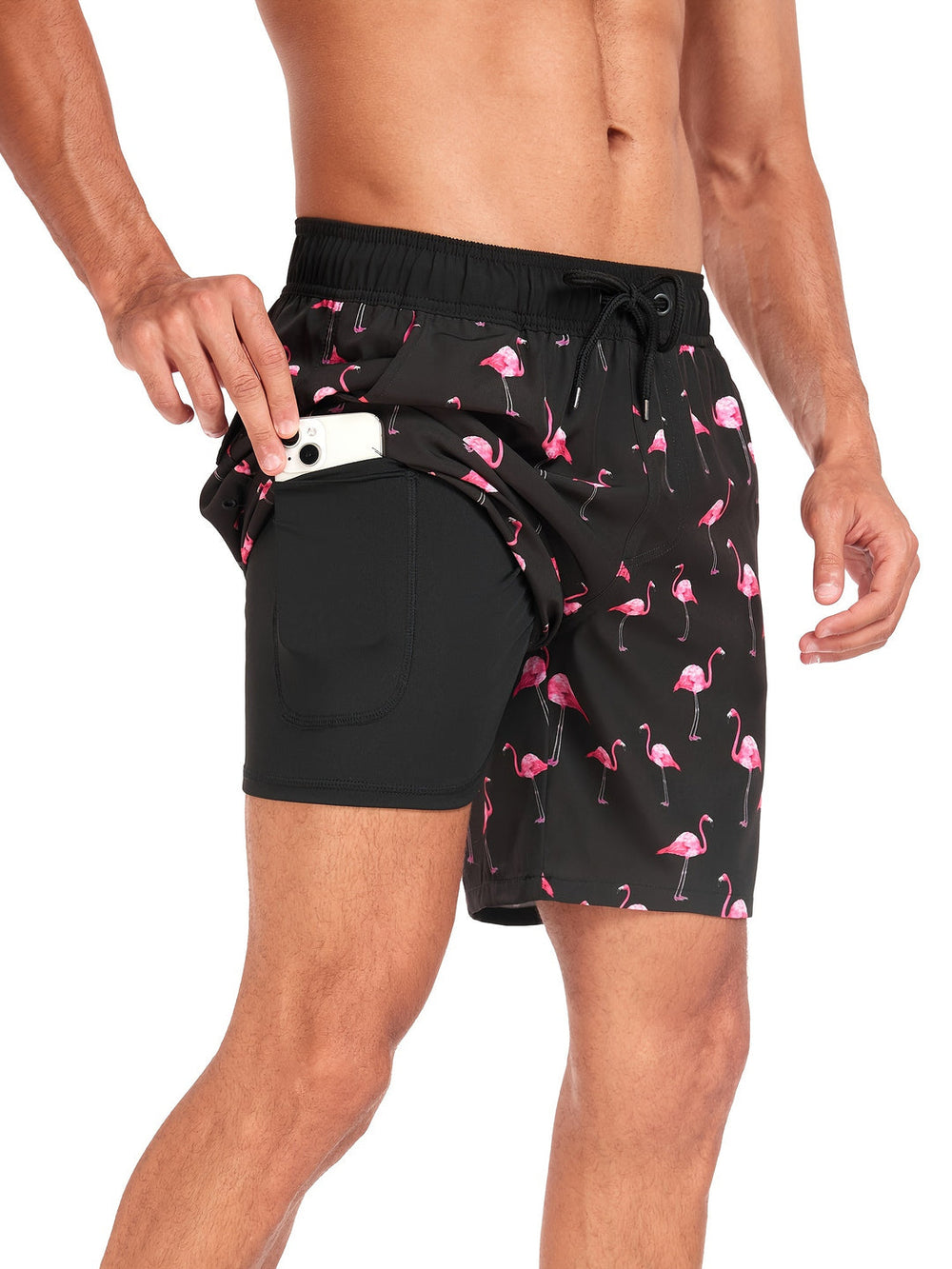 Comfortabele heren zwemshort met verstelbare taille en trendy tropische flamingoprint voor strand of zwembad.