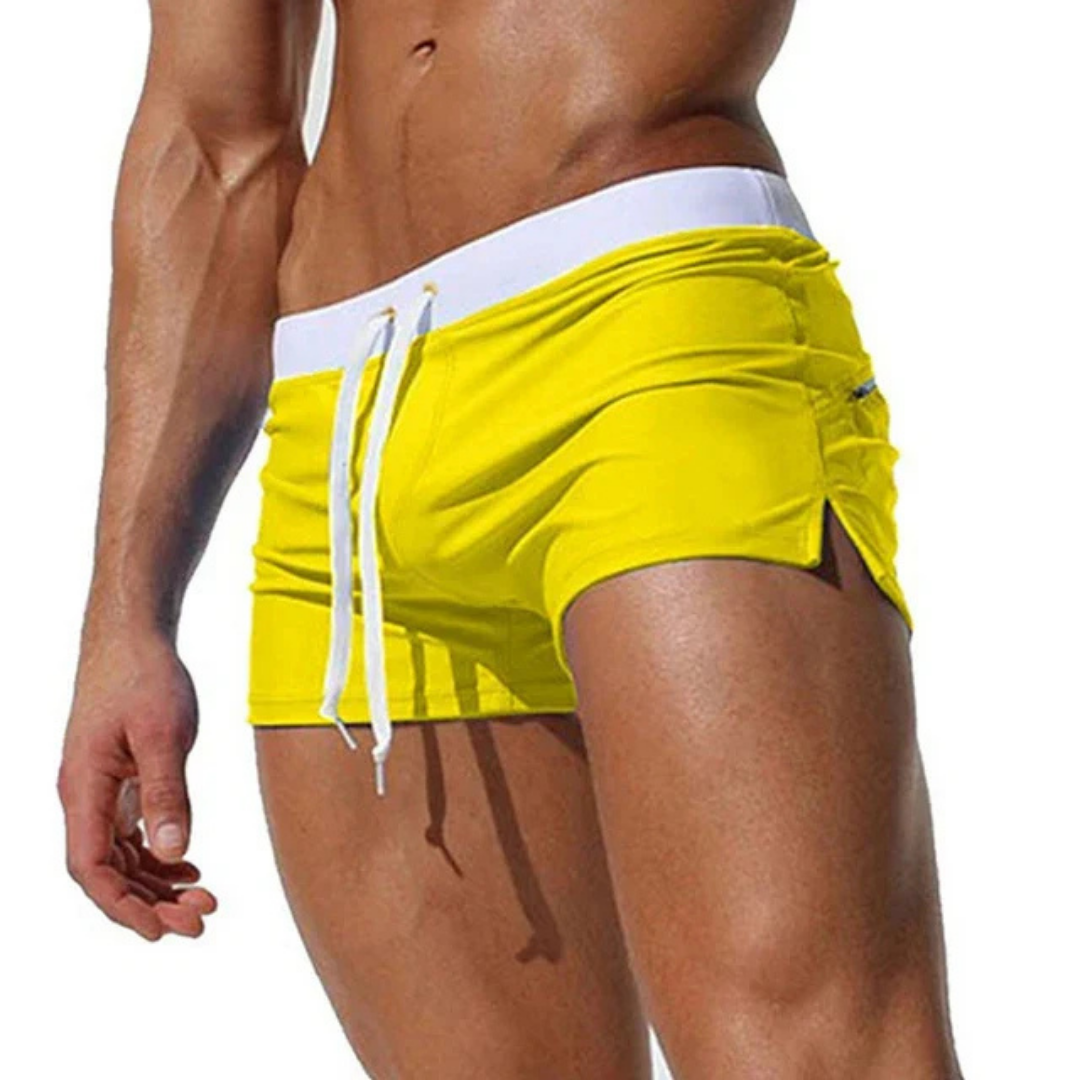 Stijlvolle heren zwembroek, perfect voor de zomer; met zijsplits en verstelbare pasvorm.