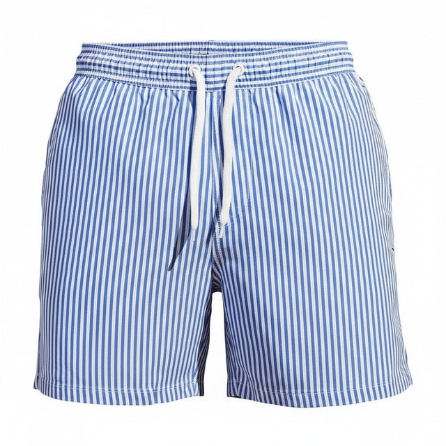 Heren zwemshort met strepen en trekkoord, ideaal voor strand en zwembad. Comfortabele, casual zwemkleding.