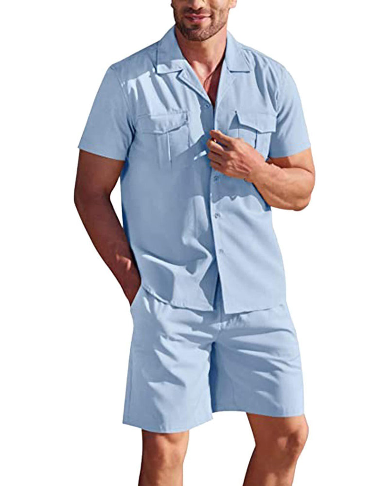 Zomerse heren linnen set: Stijlvol overhemd met korte mouwen en bijpassende korte broek, perfect voor casual look.
