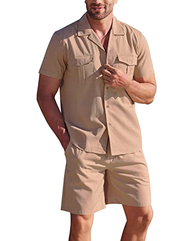 Strandkleding heren set: Ademend linnen overhemd met korte mouw en korte broek, effen design.