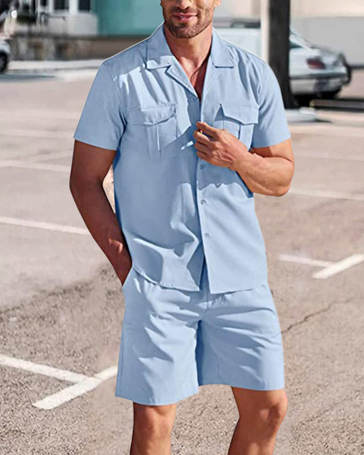 Linnen heren set effen kleur: Casual overhemd en korte broek, ideaal voor warme dagen en ontspanning.