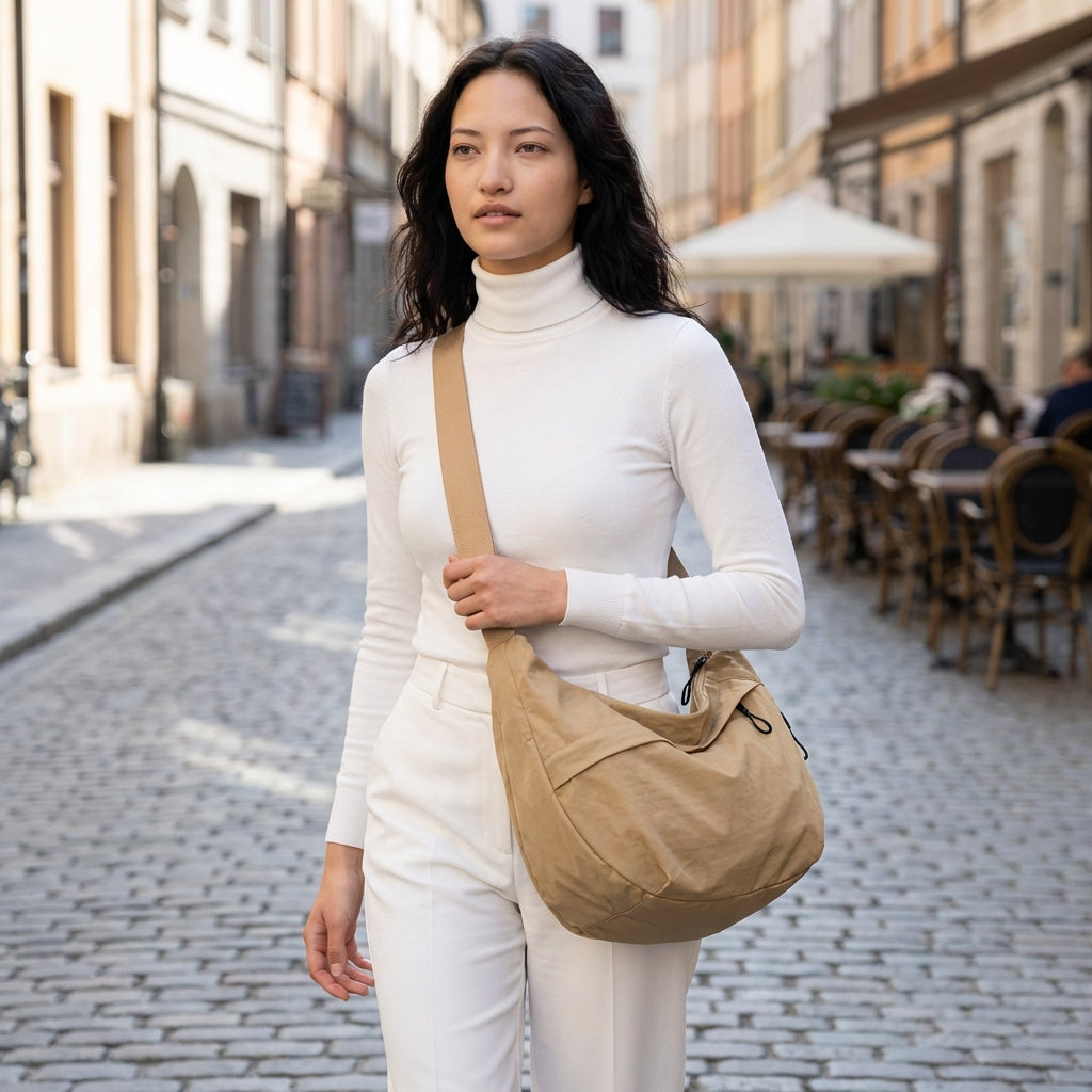 Stijlvolle dames nylon halvemaan tas. Ruime crossbodytas, ideaal als dagelijkse tas en mode accessoire.