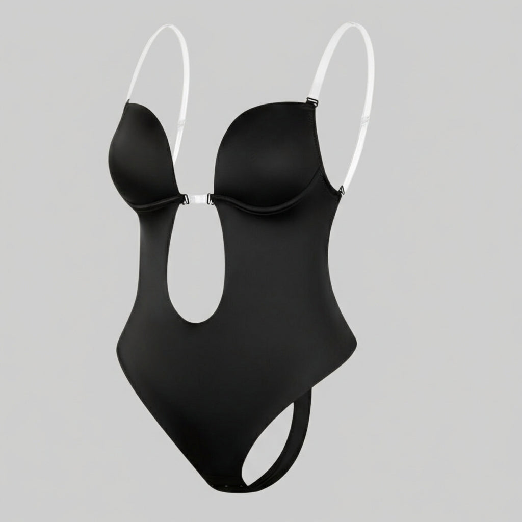 Onzichtbare dames shapewear bodysuit met diepe V en open rug, perfect onder jurken of strakke kleding voor figuurcorrectie.