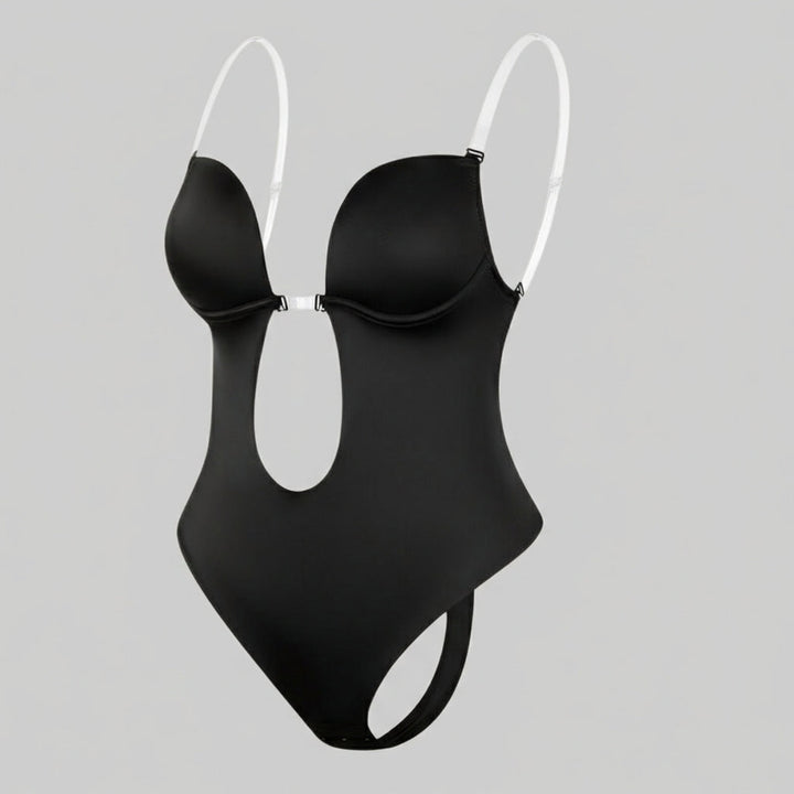 Onzichtbare dames shapewear bodysuit met diepe V en open rug, perfect onder jurken of strakke kleding voor figuurcorrectie.