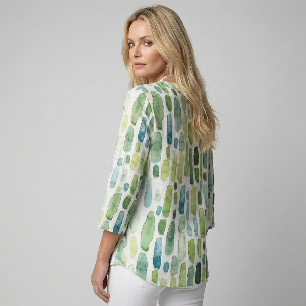 Casual gemengde kleur damesblouse met geometrisch patroon, V-hals en 3/4 mouwen. Perfect voor stijlvolle mode.