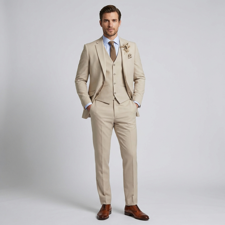 Elegant 3-delig herenpak in slim-fit pasvorm, perfect voor zakelijke bijeenkomsten en formele gelegenheden.