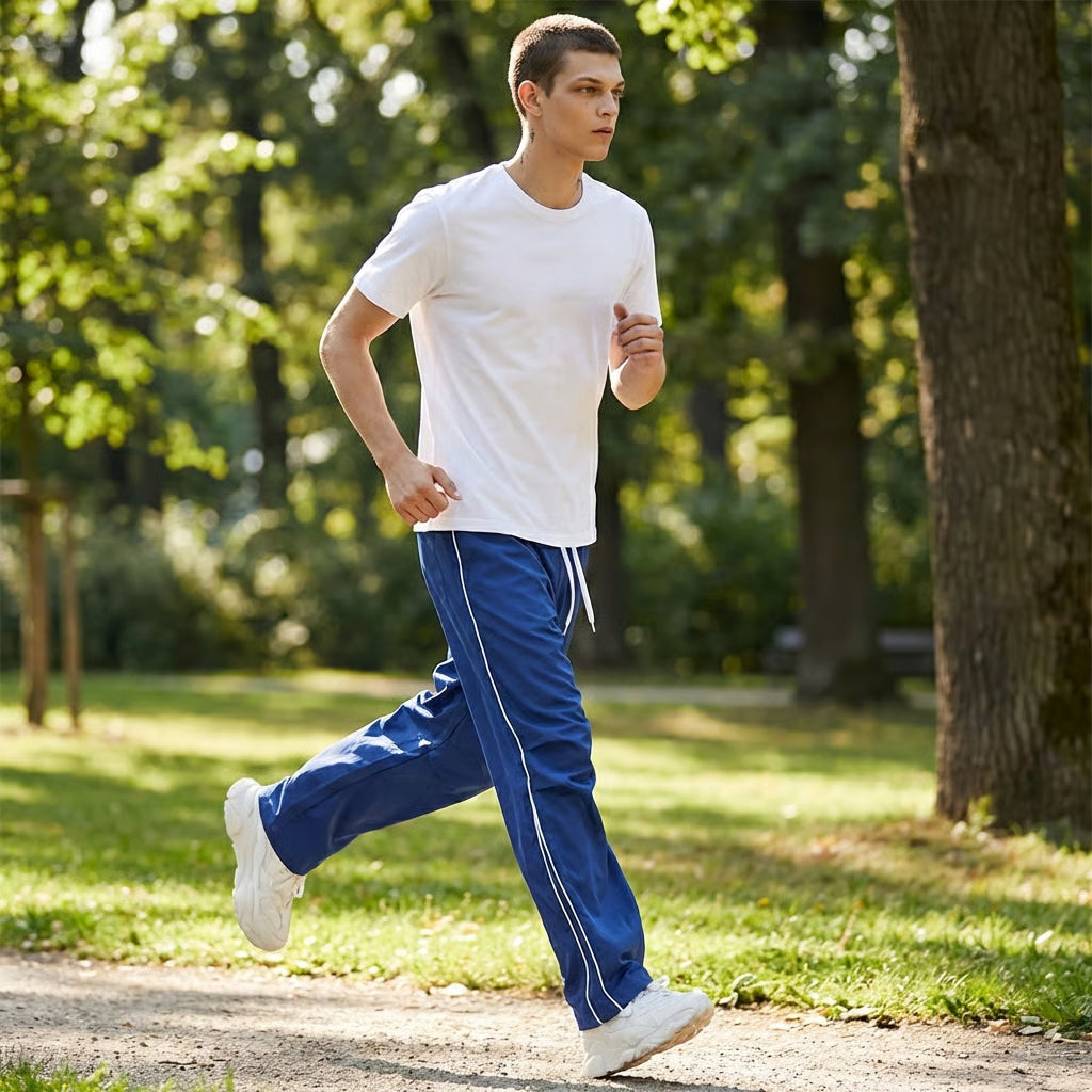Comfortabele heren jogger broek, slim-fit met stretch polyester en elastische tailleband, perfect voor ontspanning of sport.