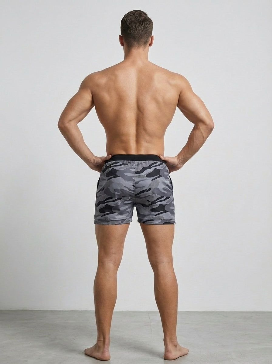 Comfortabele grijze heren zwembroek (SIR) short, sneldrogend polyester, perfect voor strand en vakantie.